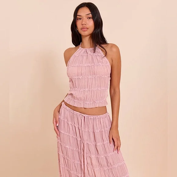 Pretty Little Thing Mauve Chiffon Ruched Frill Detail Halterneck Top - Picture 3 of 8